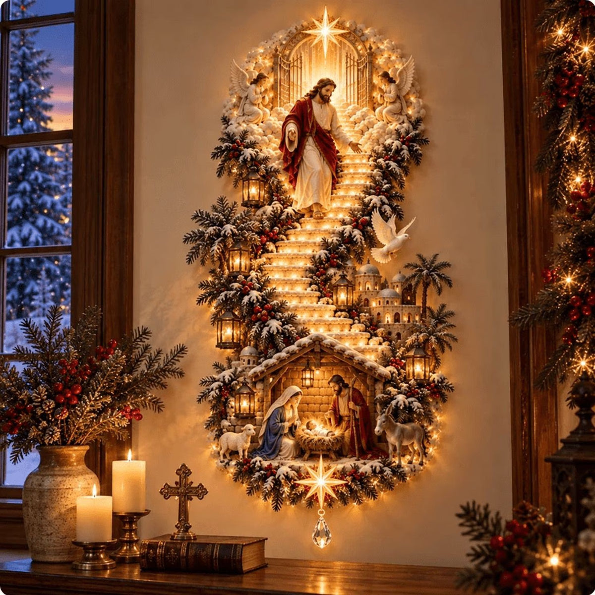 Jesus Light of Heaven Christmas Wall Hanging, Lighted Religious Nativity Wall Decoration for Christmas Staircase, Spiritual Holiday Home Accent with Warm Illumination (A)