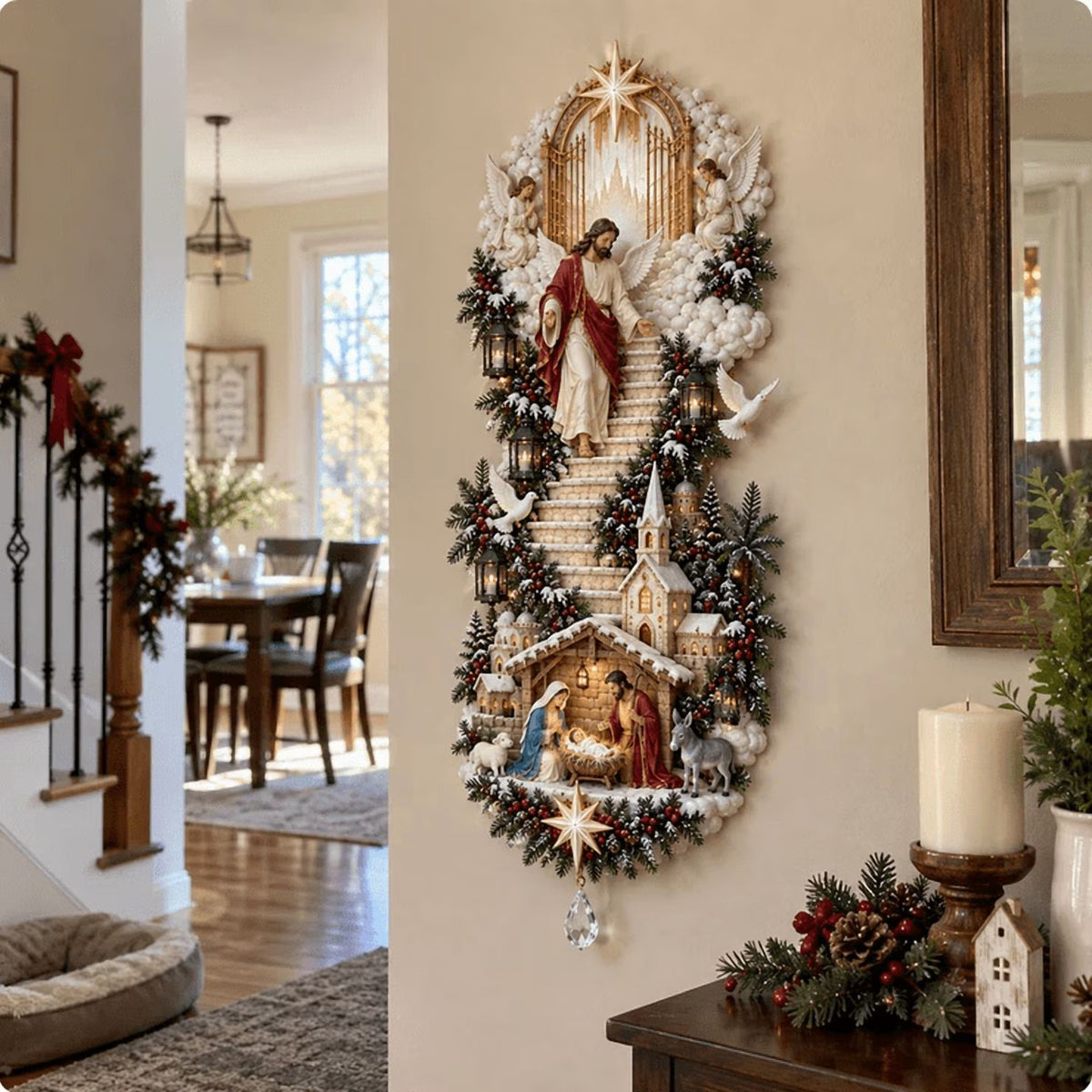 Jesus Light of Heaven Christmas Wall Hanging, Lighted Religious Nativity Wall Decoration for Christmas Staircase, Spiritual Holiday Home Accent with Warm Illumination (A)