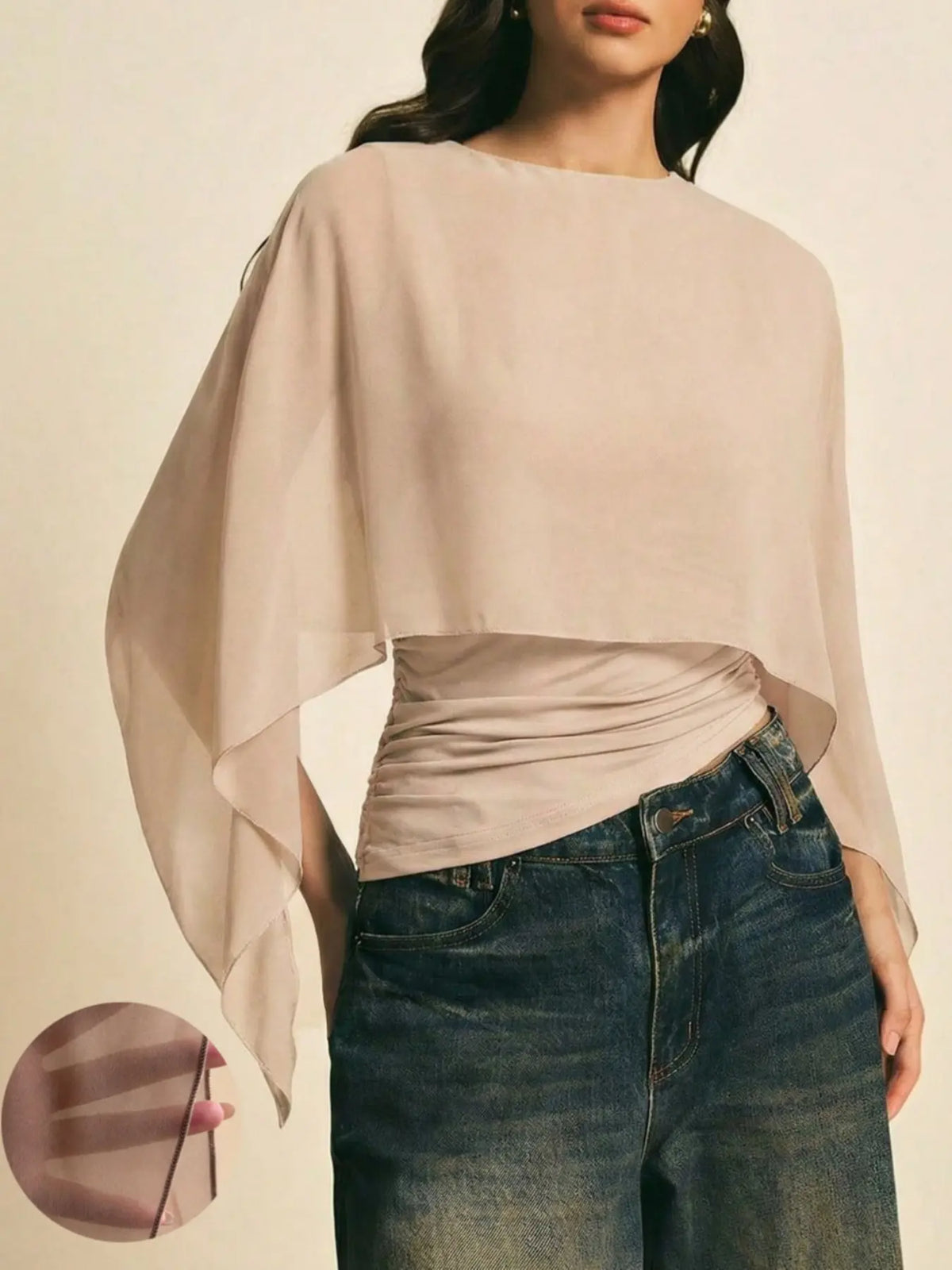 Elegant Minimalist Asymmetrical Basic Blouse Shirts for Women, round Neck, Batwing Sleeve Design, Perfect for Daily Wear & Casual, Stylish Ladies' Top
