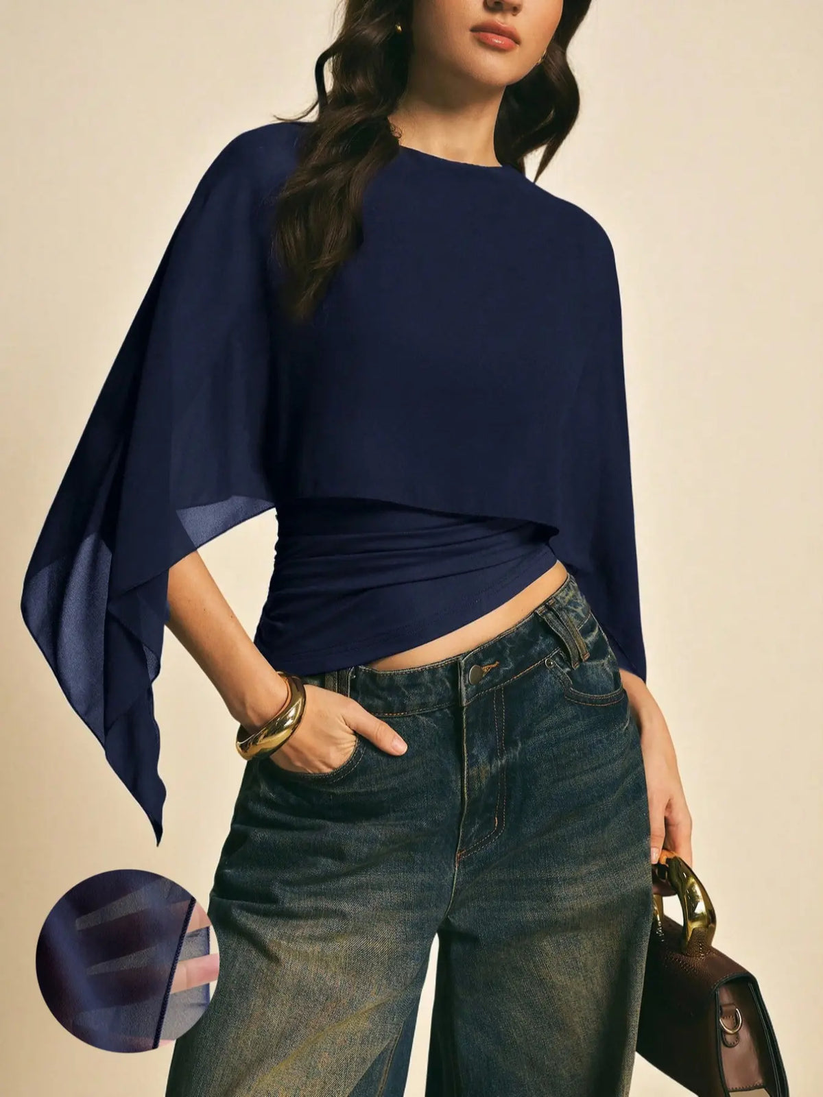Elegant Minimalist Asymmetrical Basic Blouse Shirts for Women, round Neck, Batwing Sleeve Design, Perfect for Daily Wear & Casual, Stylish Ladies' Top