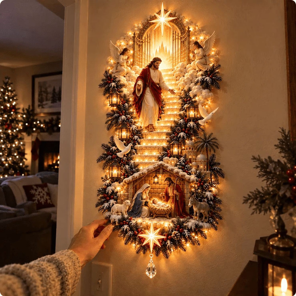 Jesus Light of Heaven Christmas Wall Hanging, Lighted Religious Nativity Wall Decoration for Christmas Staircase, Spiritual Holiday Home Accent with Warm Illumination (A)