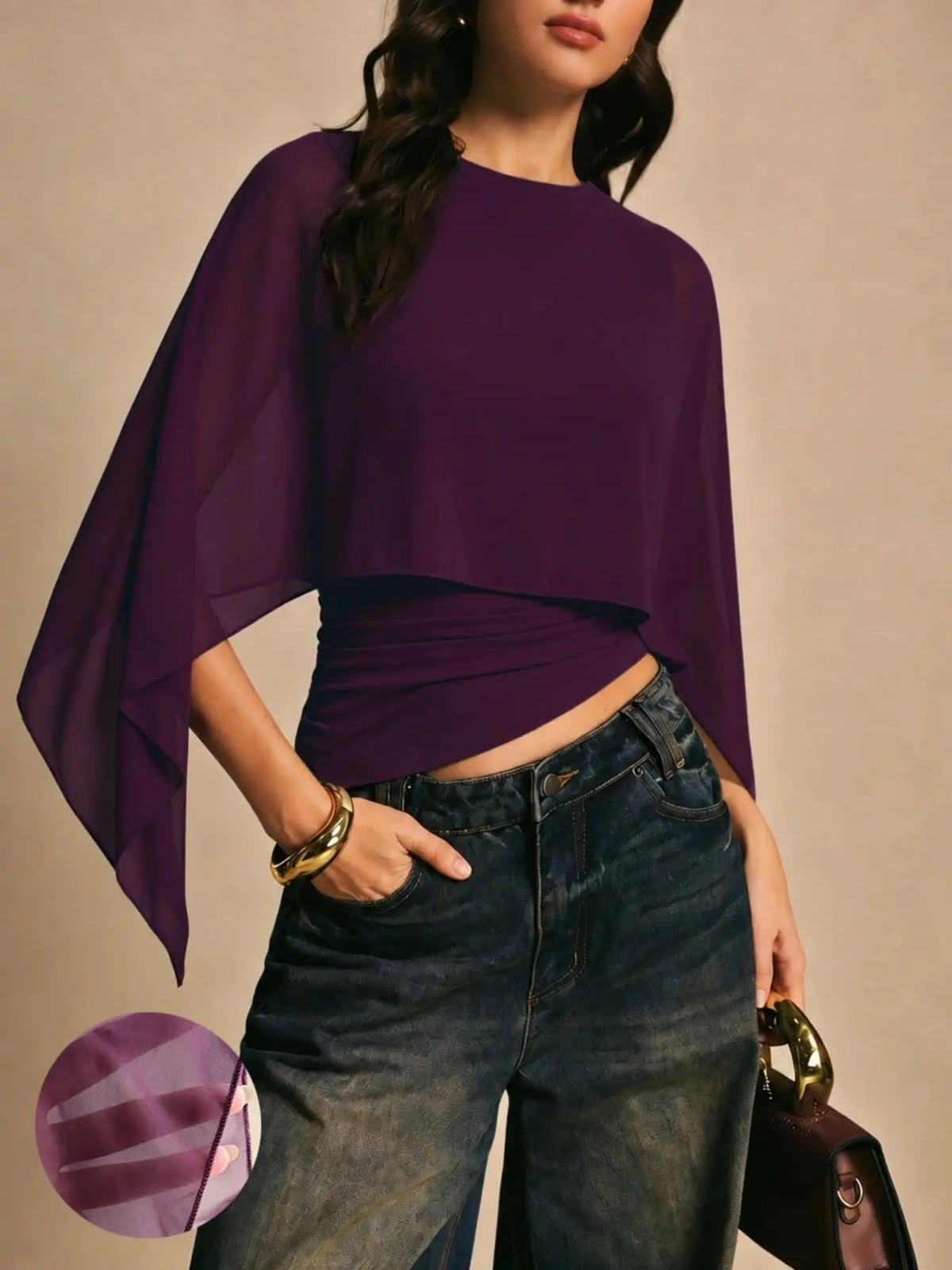 Elegant Minimalist Asymmetrical Basic Blouse Shirts for Women, round Neck, Batwing Sleeve Design, Perfect for Daily Wear & Casual, Stylish Ladies' Top