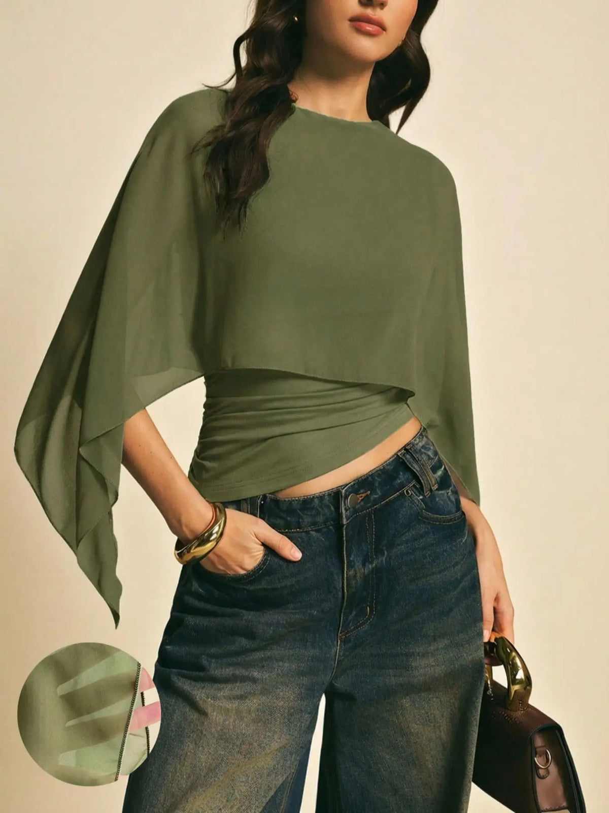Elegant Minimalist Asymmetrical Basic Blouse Shirts for Women, round Neck, Batwing Sleeve Design, Perfect for Daily Wear & Casual, Stylish Ladies' Top