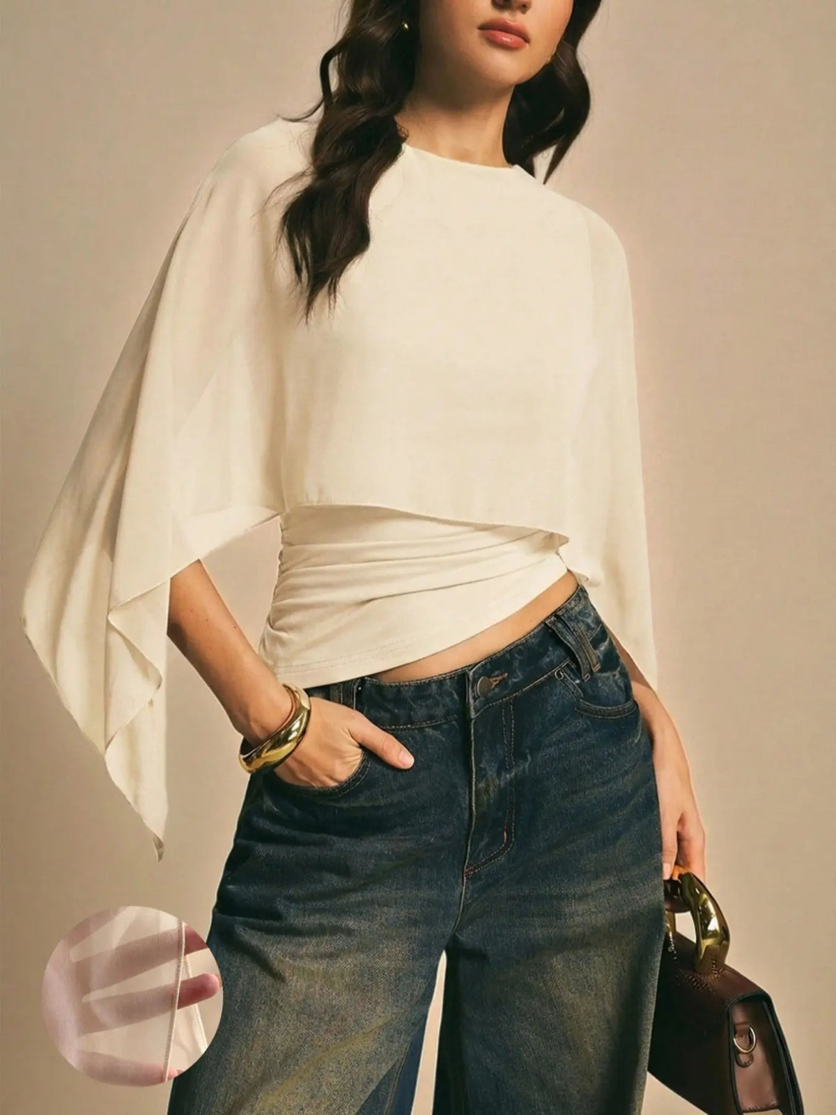 Elegant Minimalist Asymmetrical Basic Blouse Shirts for Women, round Neck, Batwing Sleeve Design, Perfect for Daily Wear & Casual, Stylish Ladies' Top