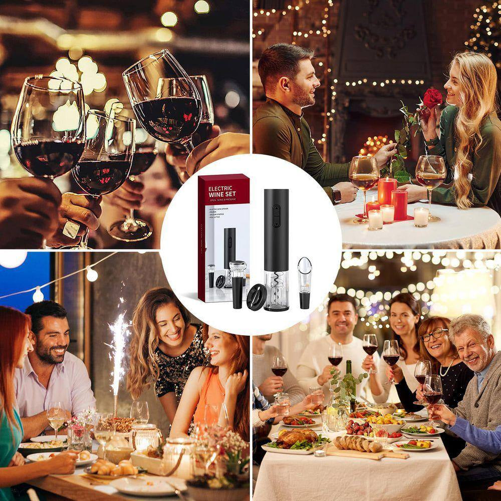 Modern Black Electric Wine Opener Kit Battery Operated with Foil Cutter Wine Aerator Pourer Vacuum Stopper