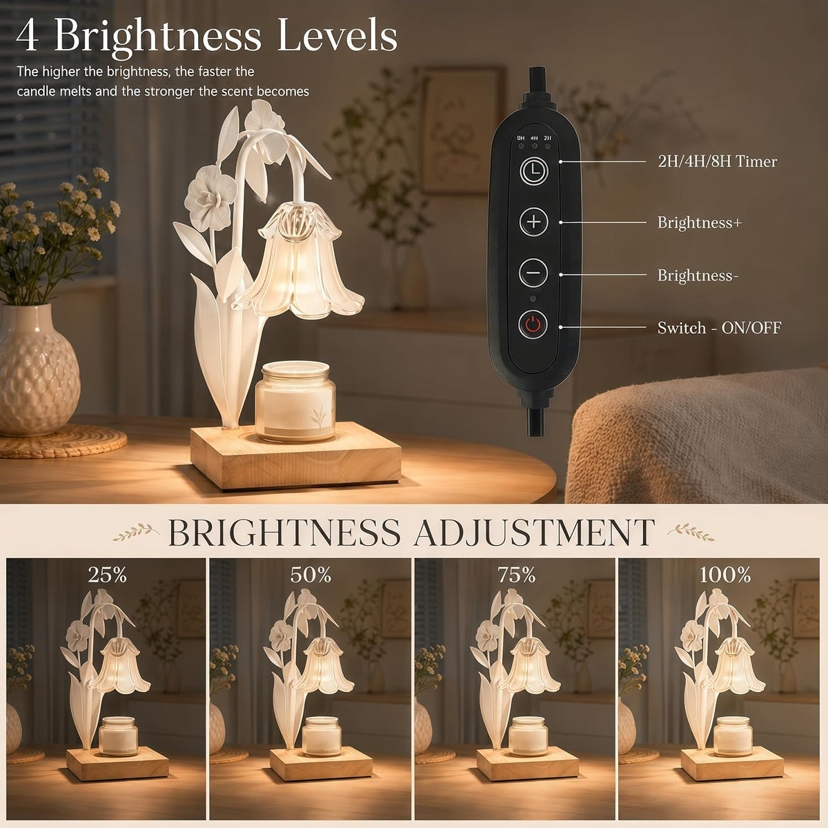 Candle Warmer Lamp with Timer Dimmer, Adjustable Height Flower Candle Lamp