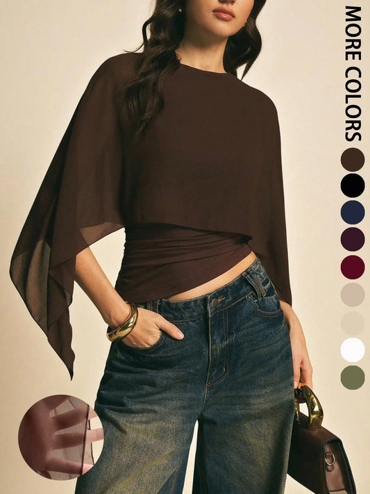 Elegant Minimalist Asymmetrical Basic Blouse Shirts for Women, round Neck, Batwing Sleeve Design, Perfect for Daily Wear & Casual, Stylish Ladies' Top