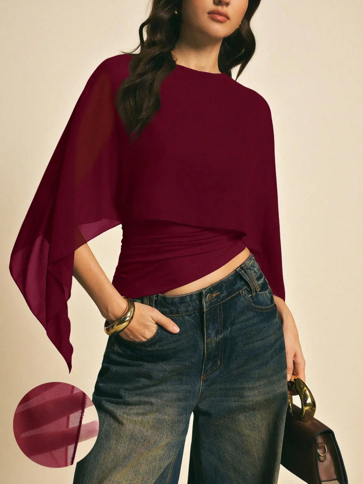 Elegant Minimalist Asymmetrical Basic Blouse Shirts for Women, round Neck, Batwing Sleeve Design, Perfect for Daily Wear & Casual, Stylish Ladies' Top