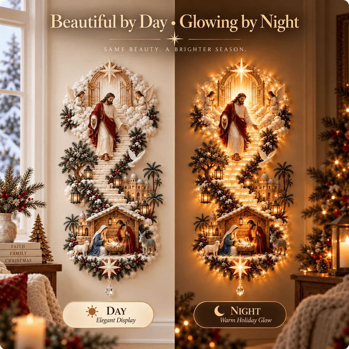 Jesus Light of Heaven Christmas Wall Hanging, Lighted Religious Nativity Wall Decoration for Christmas Staircase, Spiritual Holiday Home Accent with Warm Illumination (A)