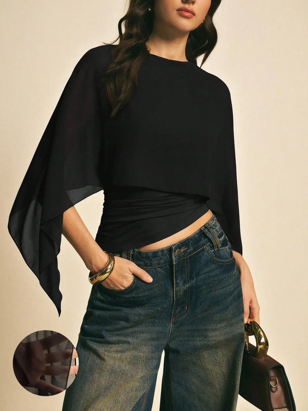 Elegant Minimalist Asymmetrical Basic Blouse Shirts for Women, round Neck, Batwing Sleeve Design, Perfect for Daily Wear & Casual, Stylish Ladies' Top