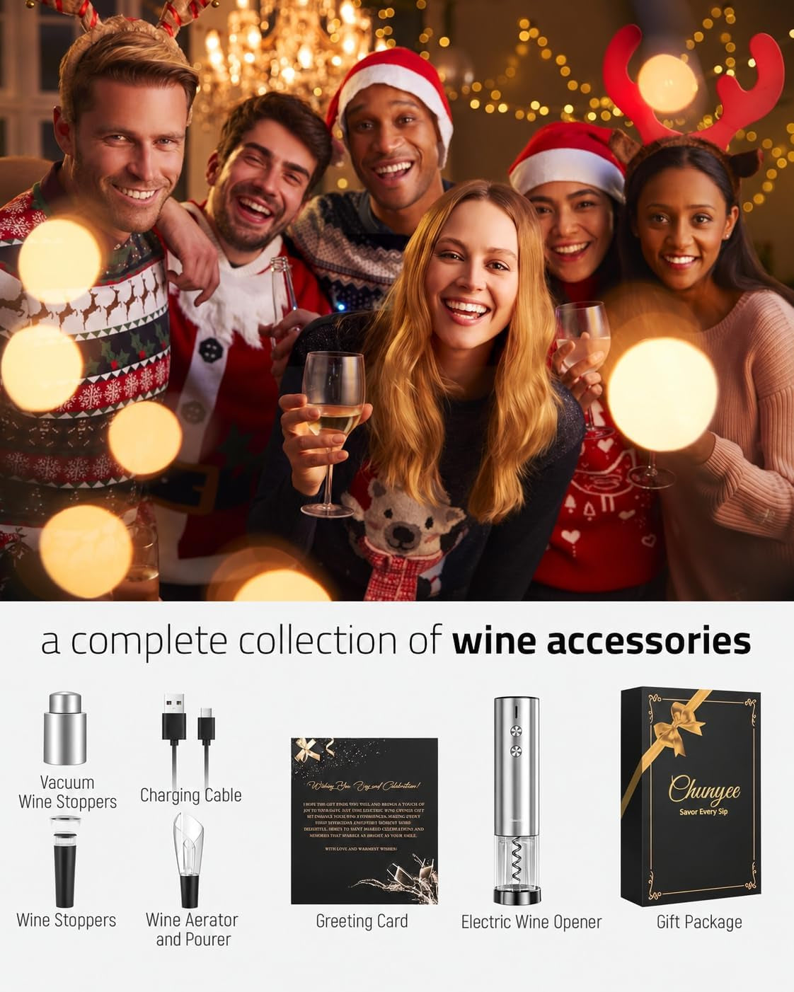 Electric Wine Opener Set - Premium Wine Gifts with Wine Opener, Foil Cutter, Wine Aerator, Vacuum Stopper, and Elegant Gift Box - Ideal Christmas Gift for Unforgettable Moments