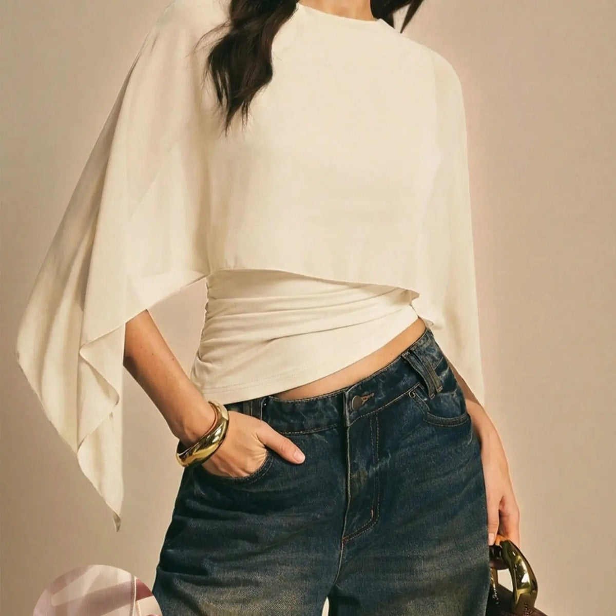 Elegant Minimalist Asymmetrical Basic Blouse Shirts for Women, round Neck, Batwing Sleeve Design, Perfect for Daily Wear & Casual, Stylish Ladies' Top